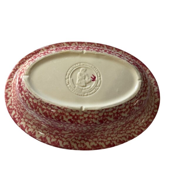Roseville Spongeware Divided Oval Serving Dish Pink & White 12" x 9" Stoneware - Picture 2 of 8